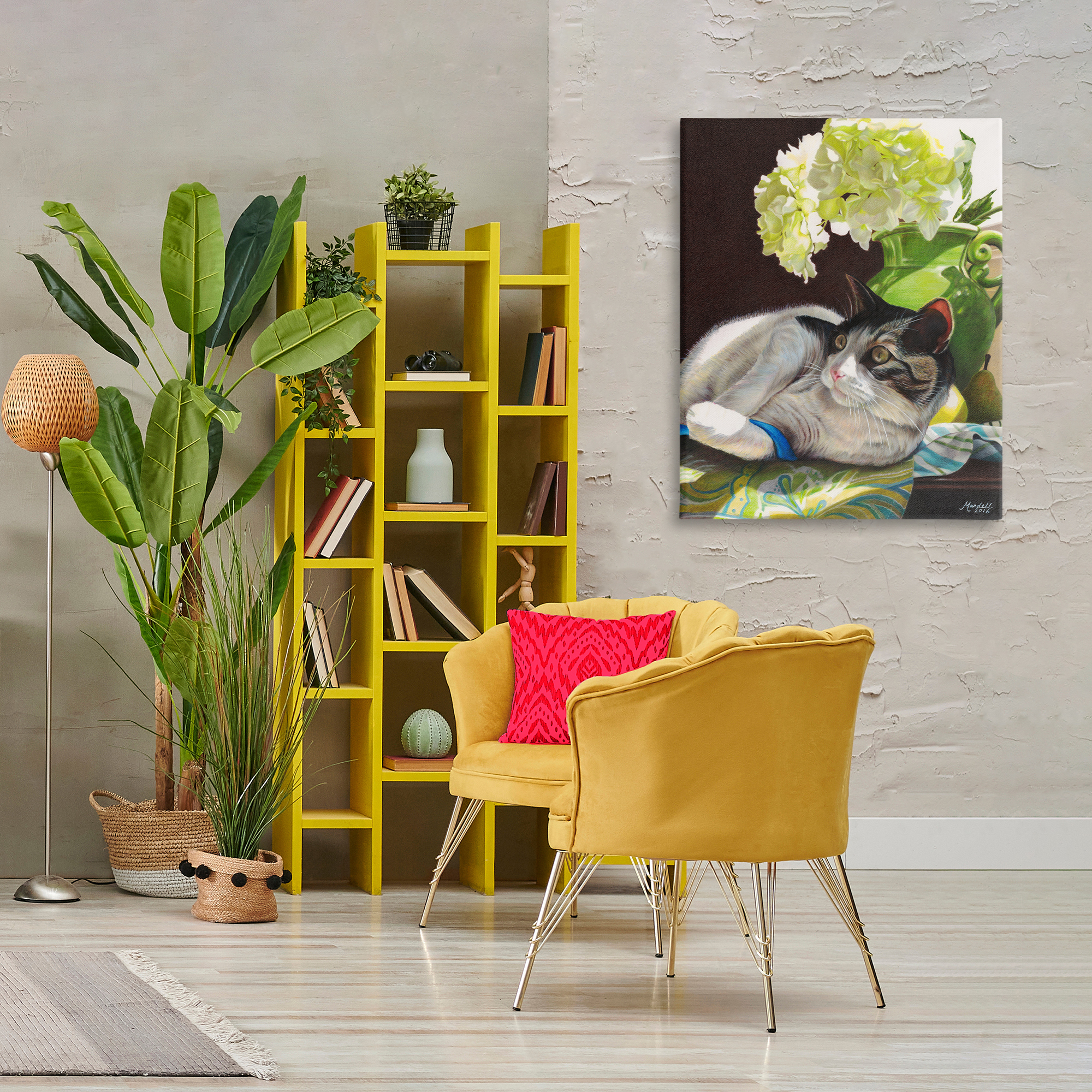 Stupell Industries Cat & Blue Ribbon Animals & Insects Painting Gallery Wrapped Canvas Art Print Wall Art, 30 x 40