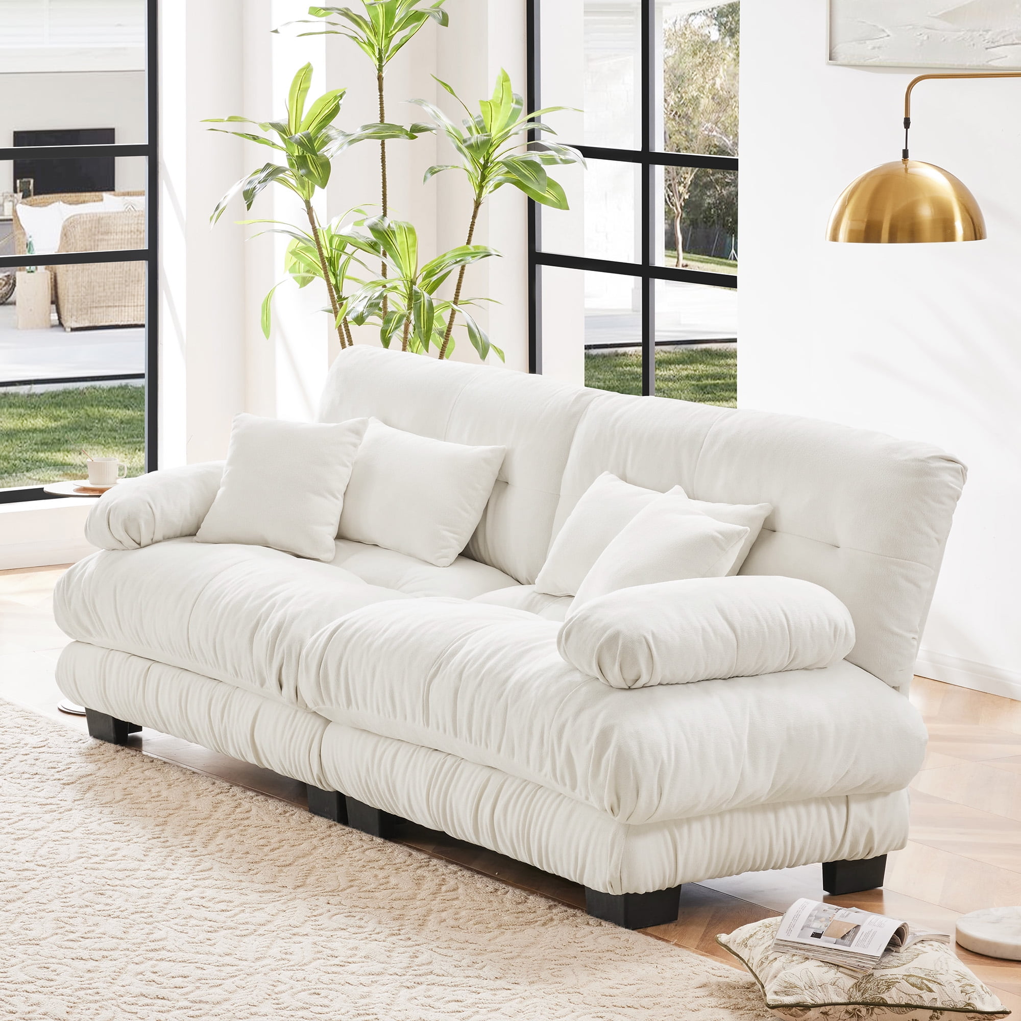 Gewnee 94.4" Chenille Cloud Couch 2-Seater Sectional Sofa, Soft Upholstered Sofa with 2 Lumbar Pillows & 2 Throw Pillows for Living Room, White