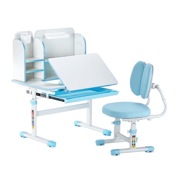 Kids Study Desk and Chair Set, Adjustable Height Kids Desk with Bookshelf & Drawer, Tilted Desktop, Ergonomic Student Table and Chair for Bedroom, Blue