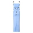 thumbnail image 3 of Lamuusaa Women Summer Outfits Solid Color  Backless Camisole and Elastic Long Slit Skirt Set, 3 of 8