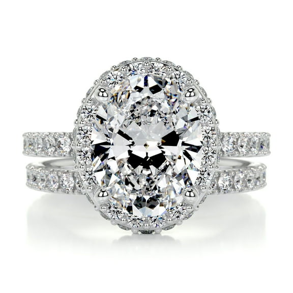 First Jewel Oval Cut Halo and Hidden Halo Two Eternity Band Diamond Ring for Her - 2.2 Ct Lab Created Simulated Diamond in 14K White Gold Over - Perfect for Proposals and Special Gifting Occasions