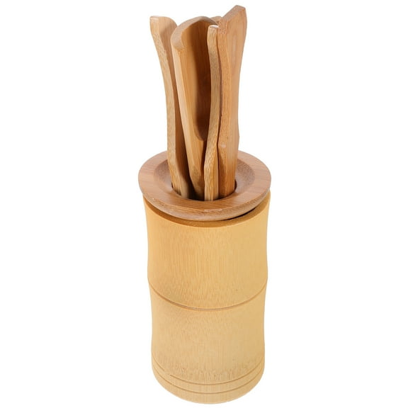 6-Piece Tea Spoon Set with Storage Bucket for Tea Ceremony and Use, Brown, and