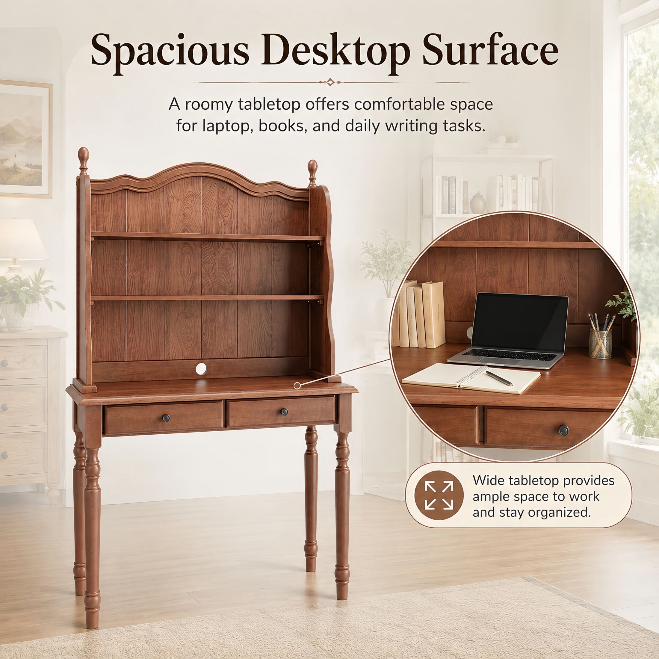 GDF Studio Harper Mid-Century Computer Desk with Storage Hutch & Drawers, Vintage Vanity Desk for Home Office, Walnut