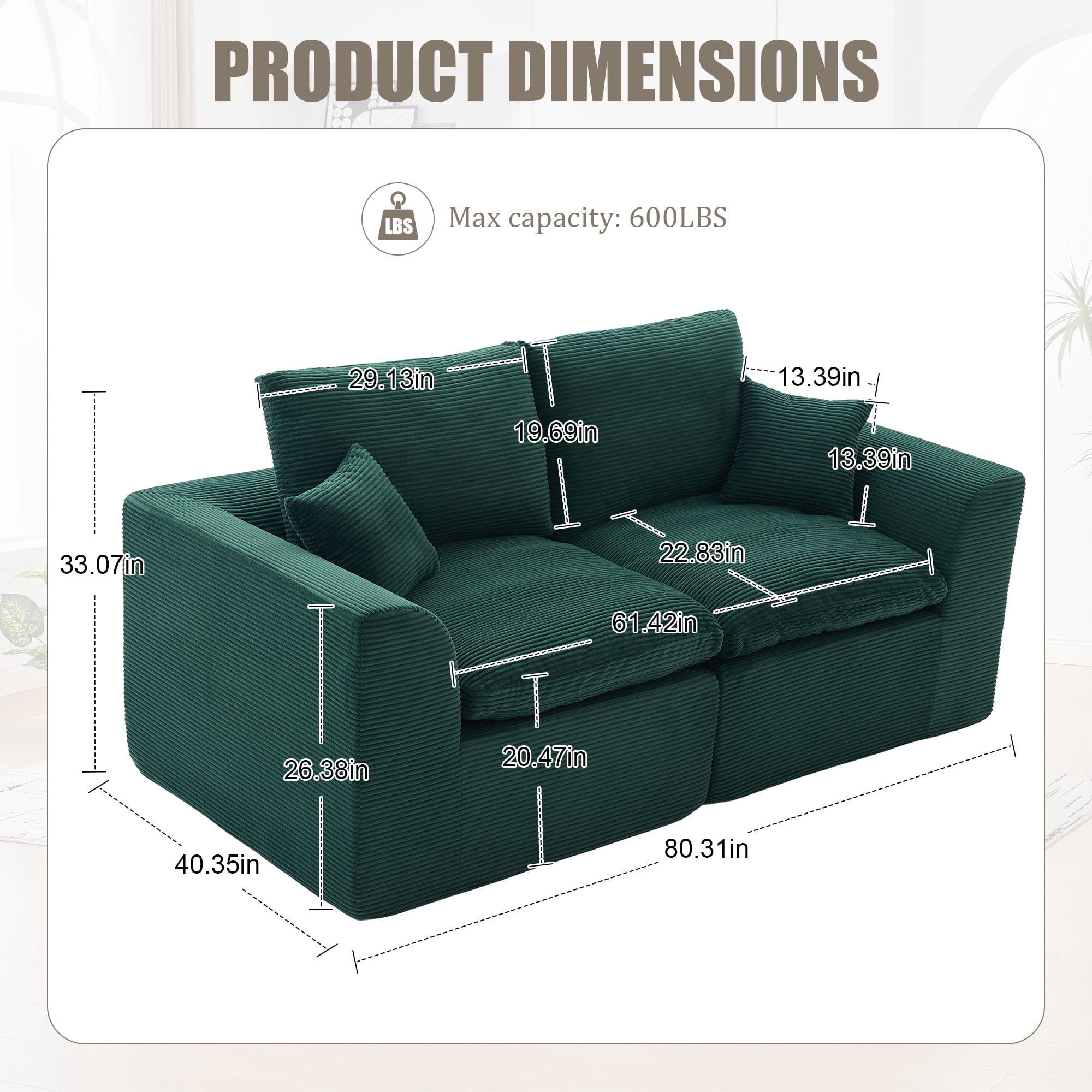 MOONMISS 80.3" Oversized Modular Sofa, Upholstered Corduroy 2 Seat Deep Seat Cloud Couch for Living Room Bedroom, No Assembly Required, Emerald