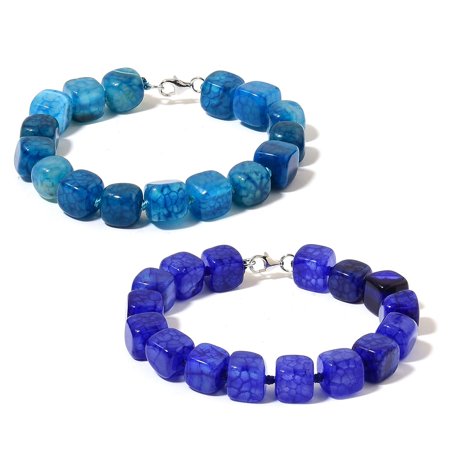 Lapis Lazuli Wrap Bracelet - Blue Agate and Lapis Lazuli Beads Rhodium Plated Silver Set of 2 Fashion Bracelet For Women 7.50