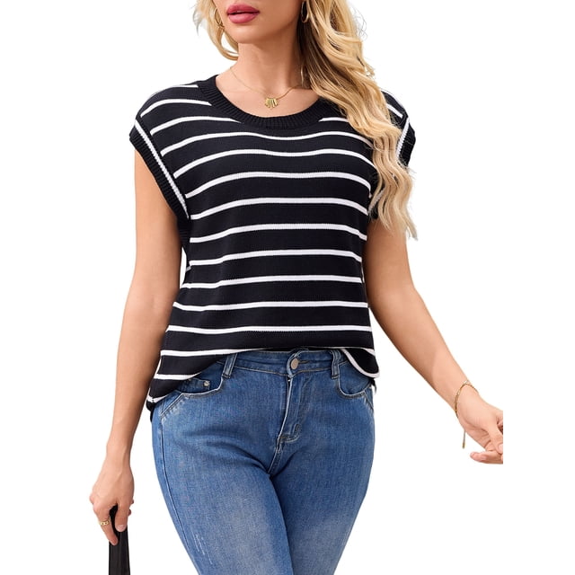 Charmo Chandail à Manches Courtes pour Femmes Hauts Tricoté Manches Courtes Débardeurs