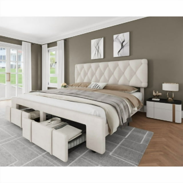 Bed Frame with Upholstered Headboard, Upholstered Platform Bed Frame with 2 Storage Drawers, Mattress Foundation with Solid Wooden Slats Support, No Box Spring Needed, King/Queen Size