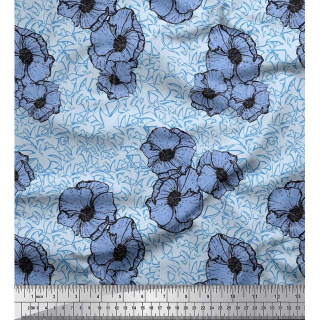 Soimoi polyester Crepe Fabric Anemone Floral Printed Fabric 1 Yard 52 Inch Wide