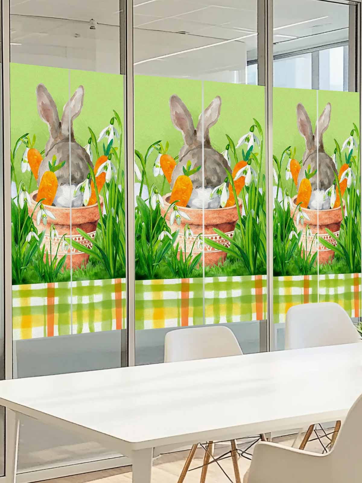 Easter Bunny Window Privacy Film, Spring Bunny Sitting on A Flowerpot Carrot Flower Green Frosted Glass Window Clings Static Cling UV Heat Blocking Reusable Door Sticker for Bathroom 23.6 x 59 Inch