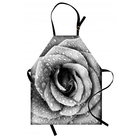 Flower Apron Retro Romantic Rose Petal Figure with Rain Water Drops Valentines Love Picture, Unisex Kitchen Bib Apron with Adjustable Neck for Cooking Baking Gardening, Black and White, by