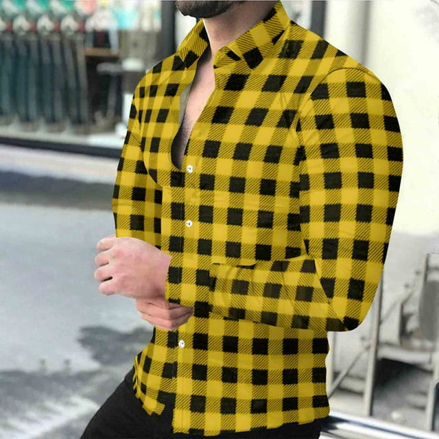 Timdgard Button down Shirts for Men Fall Plaid Lapel V Neck Long Sleeve Shirts Work Casual Tops