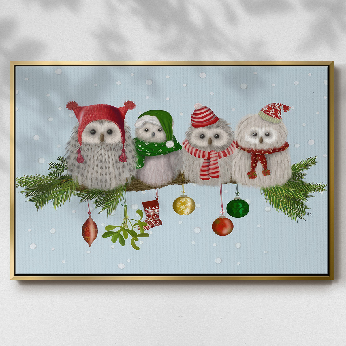 Christmas Fluffy Christmas Owls on Branch - Framed Gallery Wrapped Holiday Canvas - 27 x 41 - Gold Frame