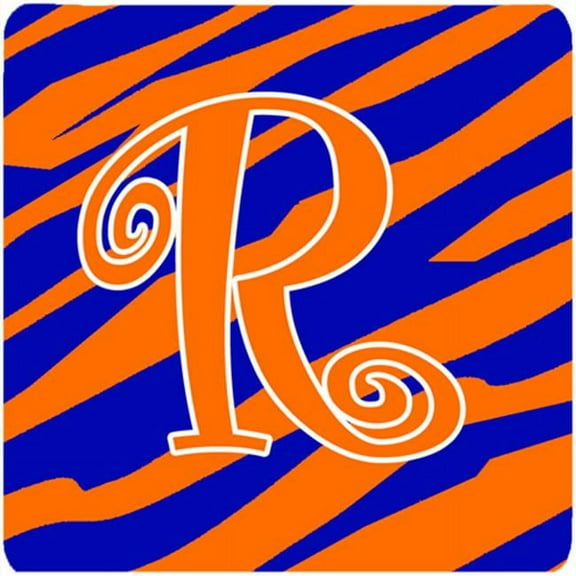 Monogram - Tiger Stripe Blue And Orange Foam Coasters - Set 4, Initial Letter R
