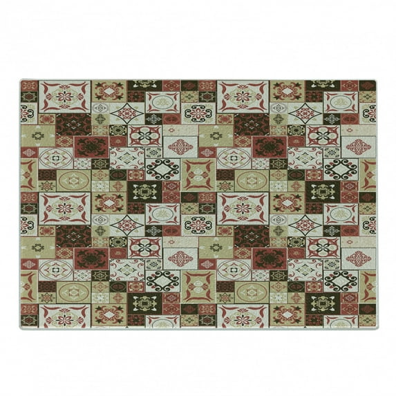 Moroccan Cutting Board, Tile Pattern with Squares of Various Sizes Eastern Inspired Oriental, Decorative Tempered Glass Cutting and Serving Board, Small Size, Cream Dark Coral Brown, by Ambesonne