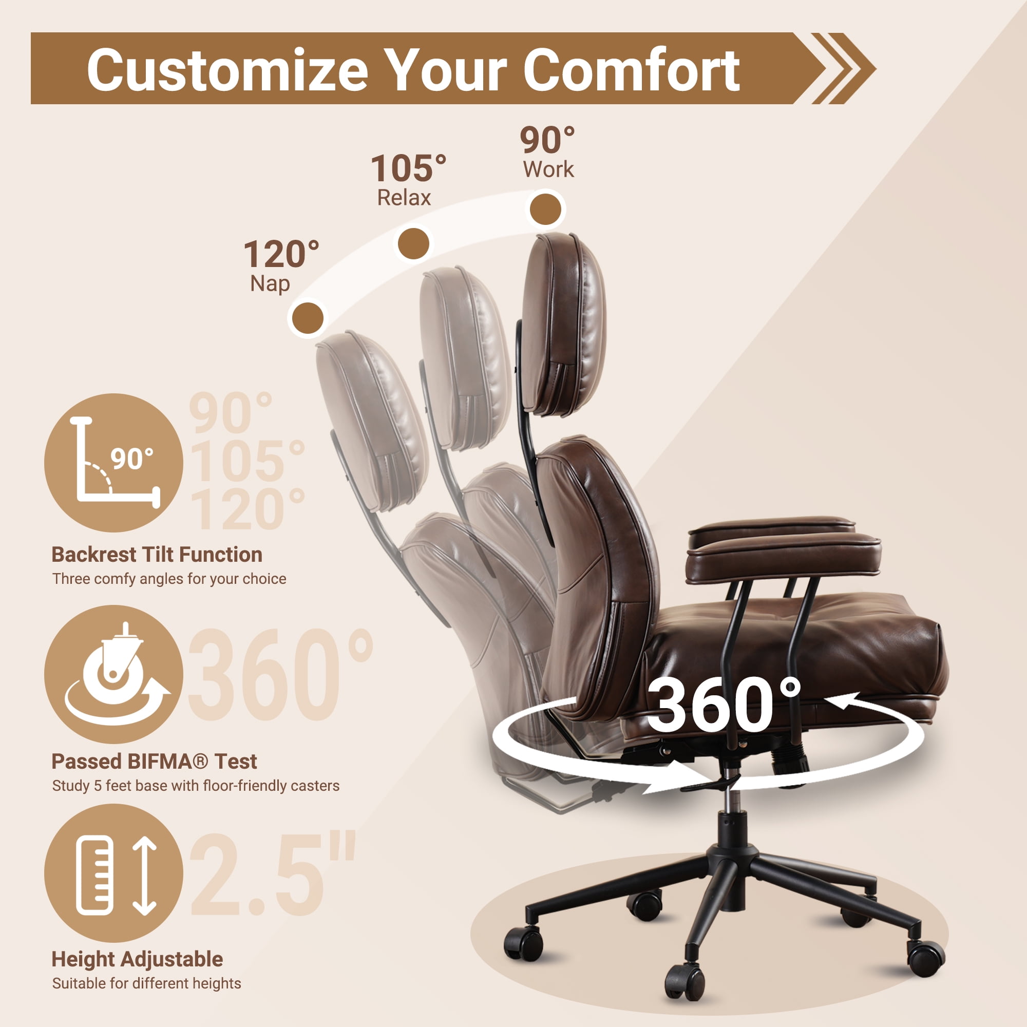 Ovios PU Leather Office Chair High Back Ergonomic Desk Chair with Lumbar Support Mid-Century Executive Computer Chair with Wheels for Home Office, Dark Brown