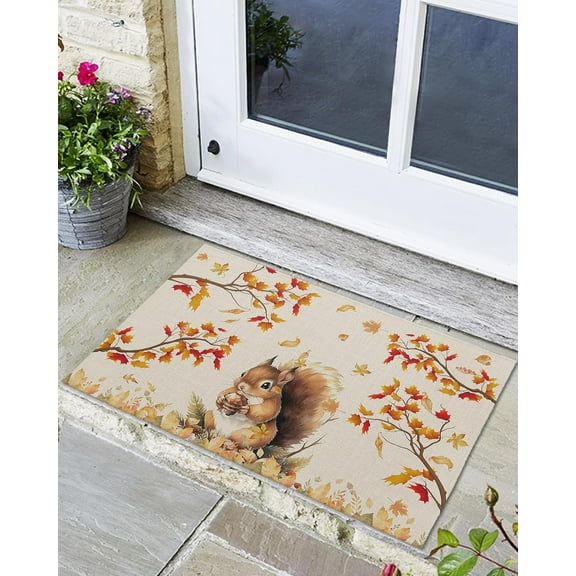 Front Door Mat, Non - Slip Absorbent Door Entry Mats, Doormats Indoor/Outdoor Entrance Small Rugs, Pumpkin Autumn Thanksgiving Fall Leaves Squirrel Doormat - Floor Mats for Home 16x24 Inch