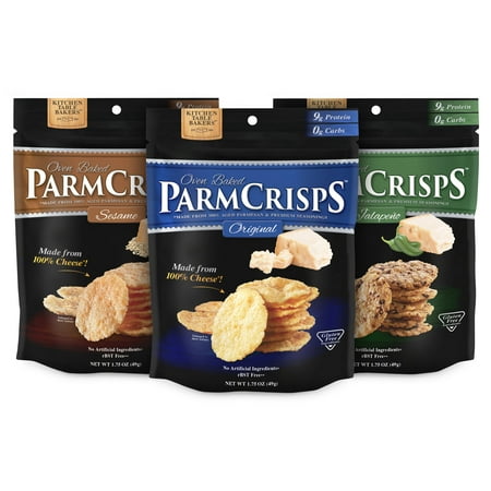 ParmCrisps Variety Pack, Original, Jalapeno, Sesame Flavor, Gourmet Snack Made From 100% Real Parmesan Cheese, Wheat Free, Gluten Free, Sugar Free, 1.75oz Bag, Pack of