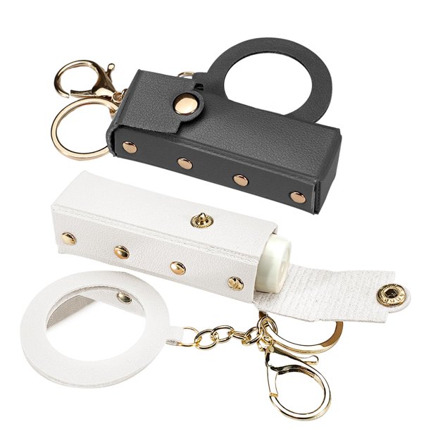 LELE LIFE Paquete de 2 llaveros con soporte para lápiz labial con espejo, estuche de cuero para lápiz labial, soporte para bálsamo labial, bolsa organizadora portátil con clip para viajes (blanco + ne