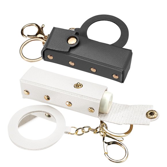 LELE LIFE Paquete de 2 llaveros con soporte para lápiz labial con espejo, estuche de cuero para lápiz labial, soporte para bálsamo labial, bolsa organizadora portátil con clip para viajes (blanco + ne