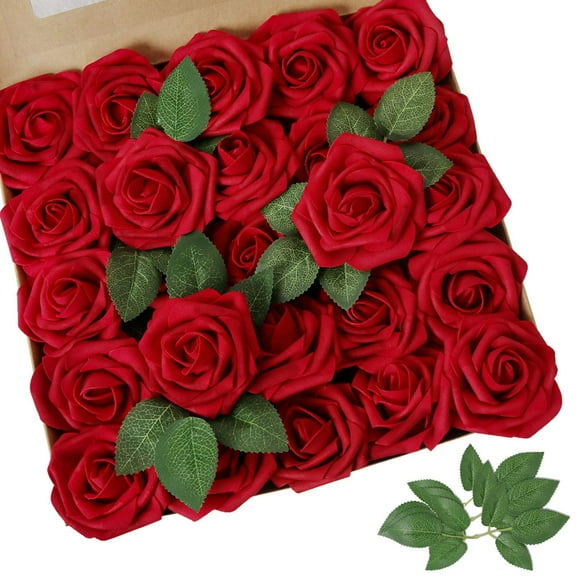 Flores artificiales AmyHomie de color rojo oscuro, 25 unidades con tallo