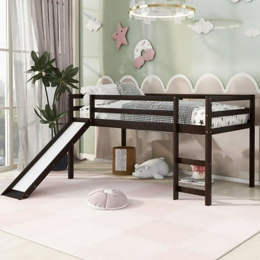 Twin Size Loft Bed,Wooden Bed Frame with Ladder and Slide,Versatile Bed Frame with Full-length Guardrails for Teens Boys and Girls, Espresso