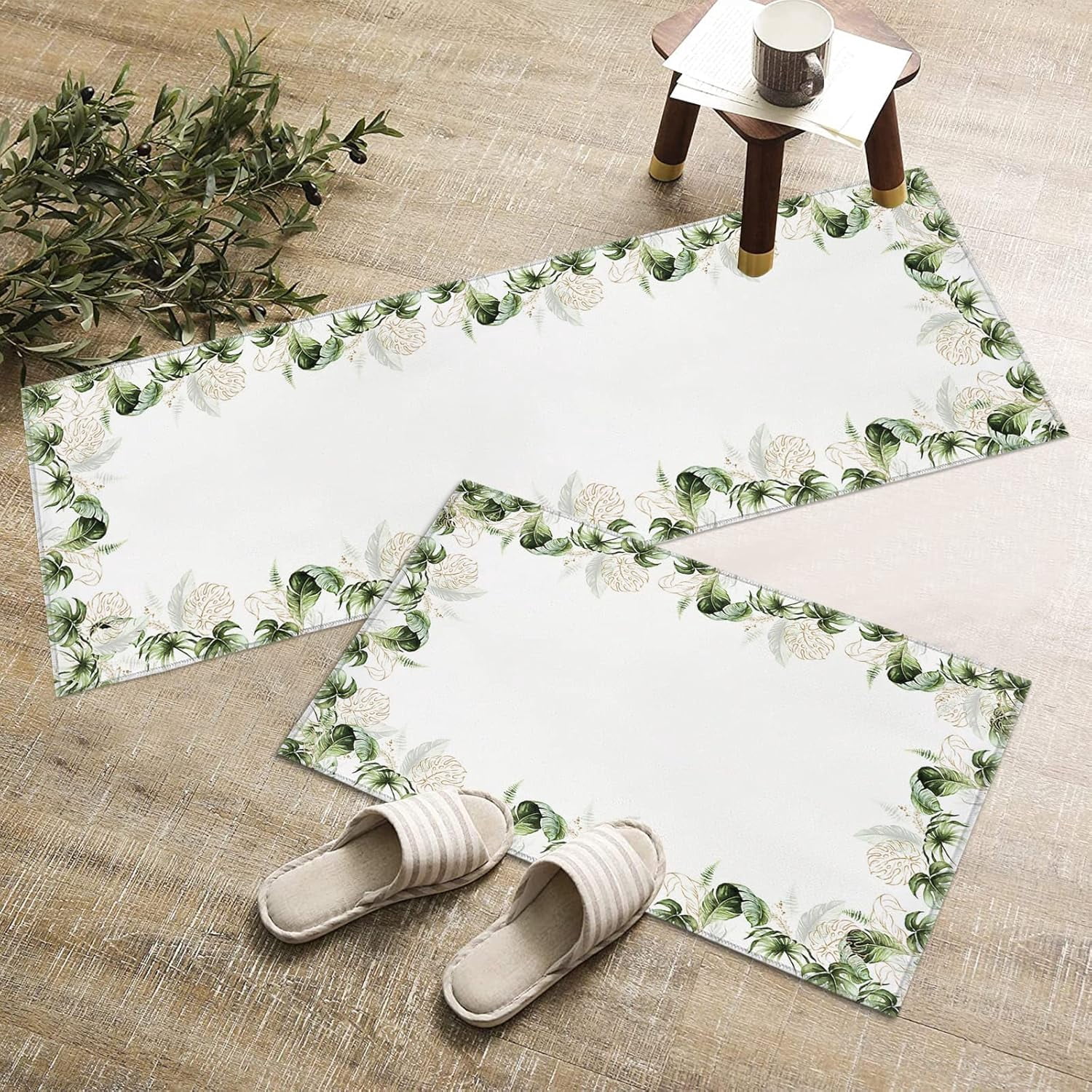 Watercolor Kitchen Rugs and Mats Set of 2, Tropical Palm Tree Leaf Golden Lines Non-Slip Floor Doormat Comfort Area Runner Rug and Mat, Boho Leaves Frame Indoor Entrance Carpet Home Decor