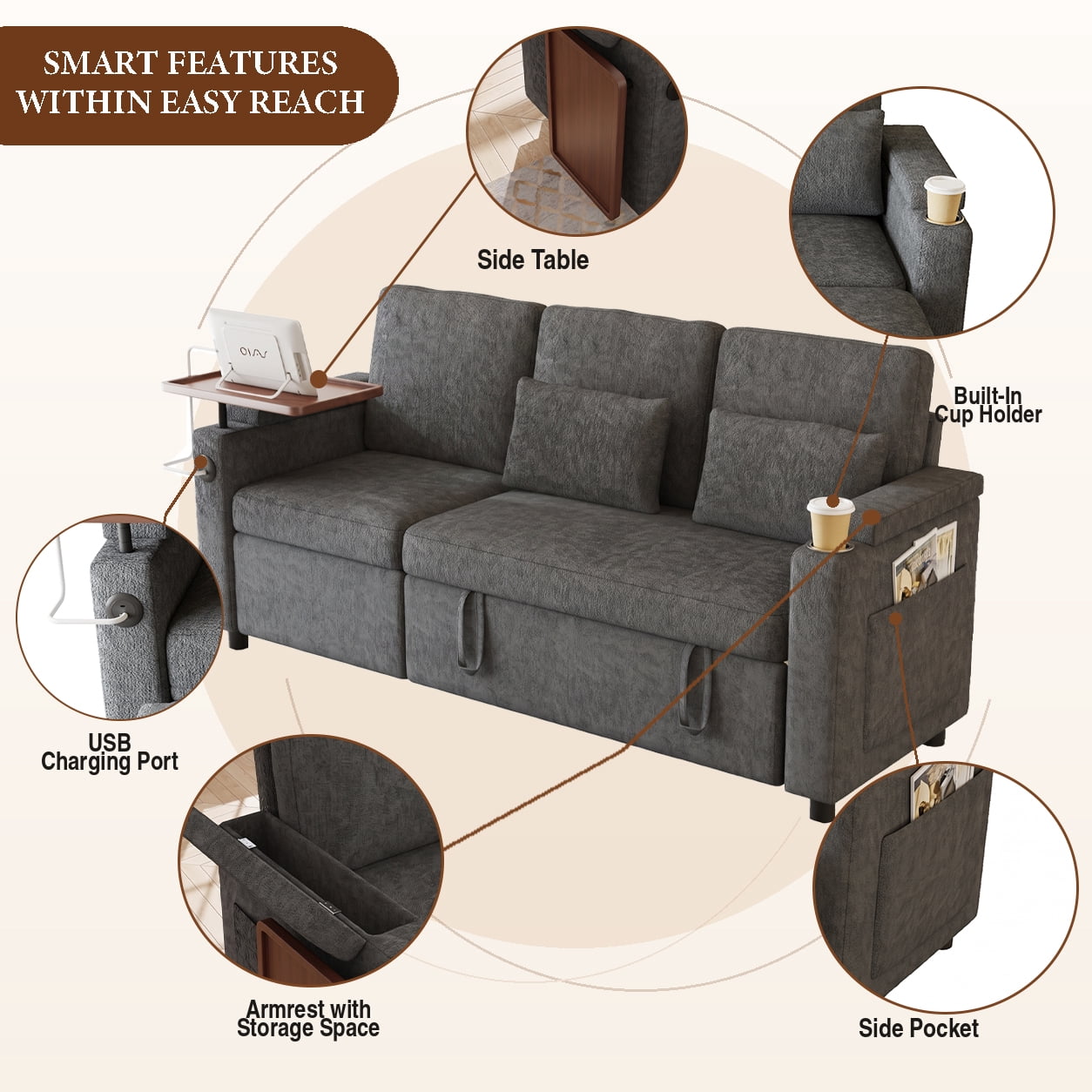 TiramisuBest 81" 3-in-1 Convertible Sleeper Sofa Bed with Power Recliner,Chenille Sofa Couch with Tray Table & USB for Living Room,Dark Gray
