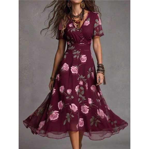 Womens Burgundy Floral Print V-Neck Short Sleeve Midi Dress