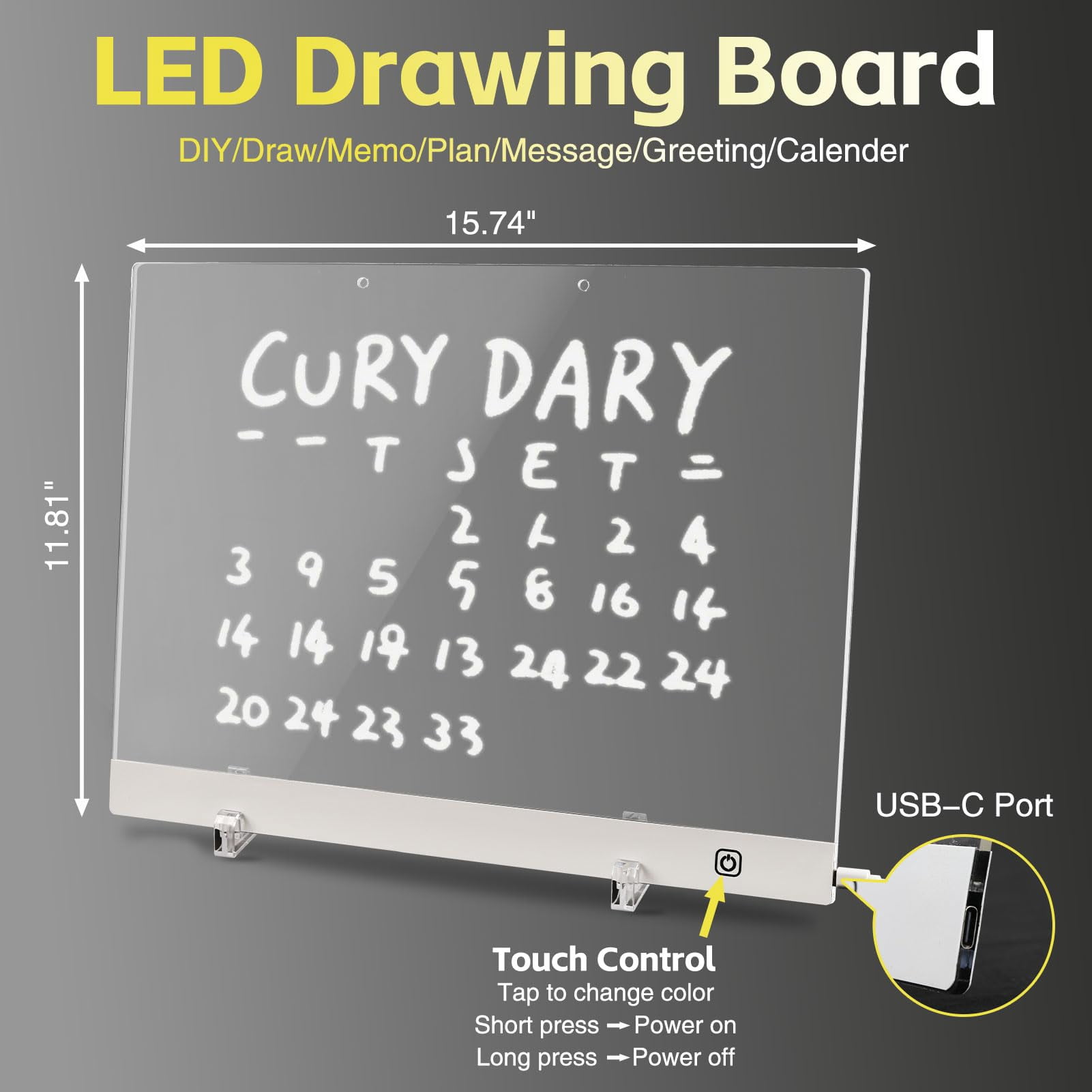15.74"x11.8" Acrylic Dry Erase Board Calendar with Light, LED Note Board with 6-Color Neon Glow Memo Monthly Planning Board for Gift/Room/Office/Wall with Stand, 7 Markers