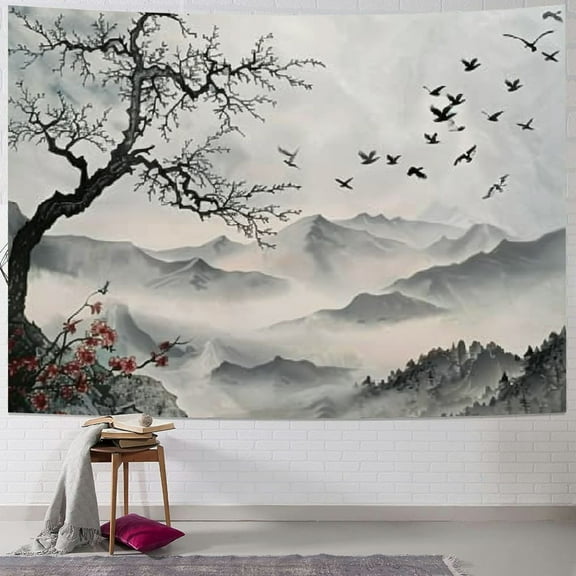 SHERONV Floral Tapestry, Chinese Painting Style Art Tree Branches Birds Mountains Landscape Art, Wide Wall Hanging for Bedroom Living Room Dorm, Red Green Black 40x30inch