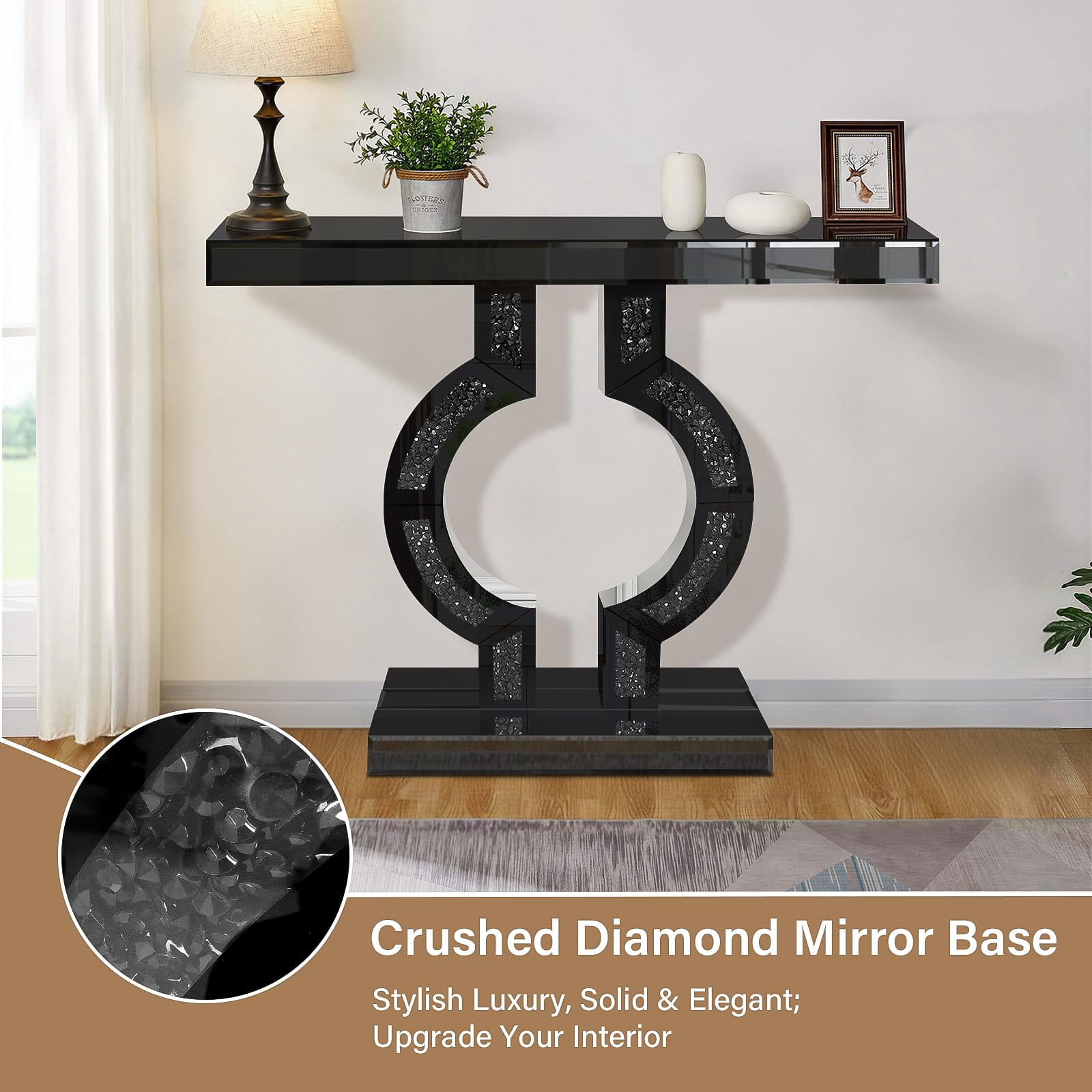 Black Mirrored Console Table with Crushed Diamond Inlay, 39.4'' Long Entryway Sofa Table, O-Shaped Base Modern Accent Narrow Table for Living Room, Hallway, Foyer, Entrance