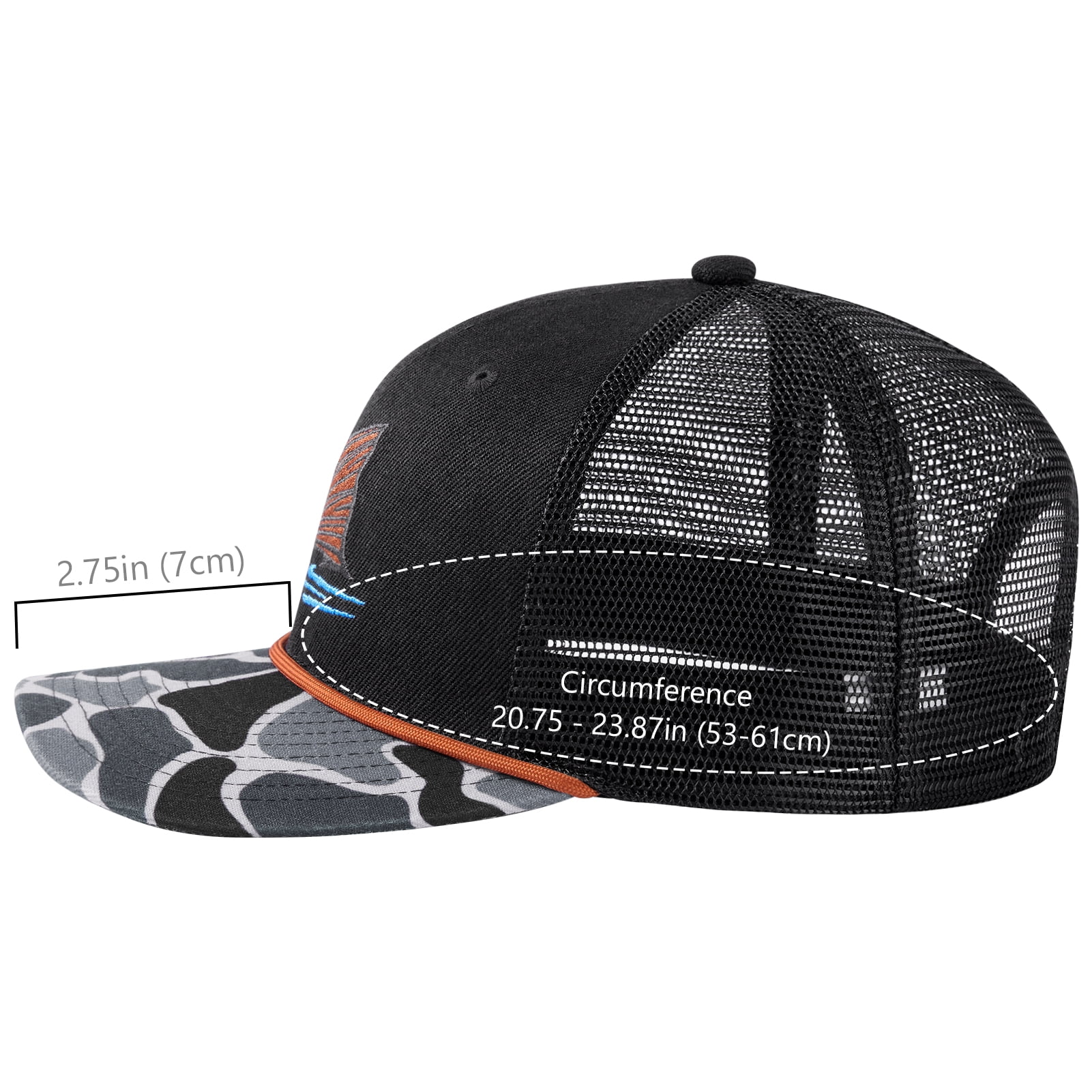 BASSDASH Camo Rope Trucker Hat Adjustable Embroidered Baseball Cap Mesh Back for Duck Deer Hunting Fly Fishing Camping