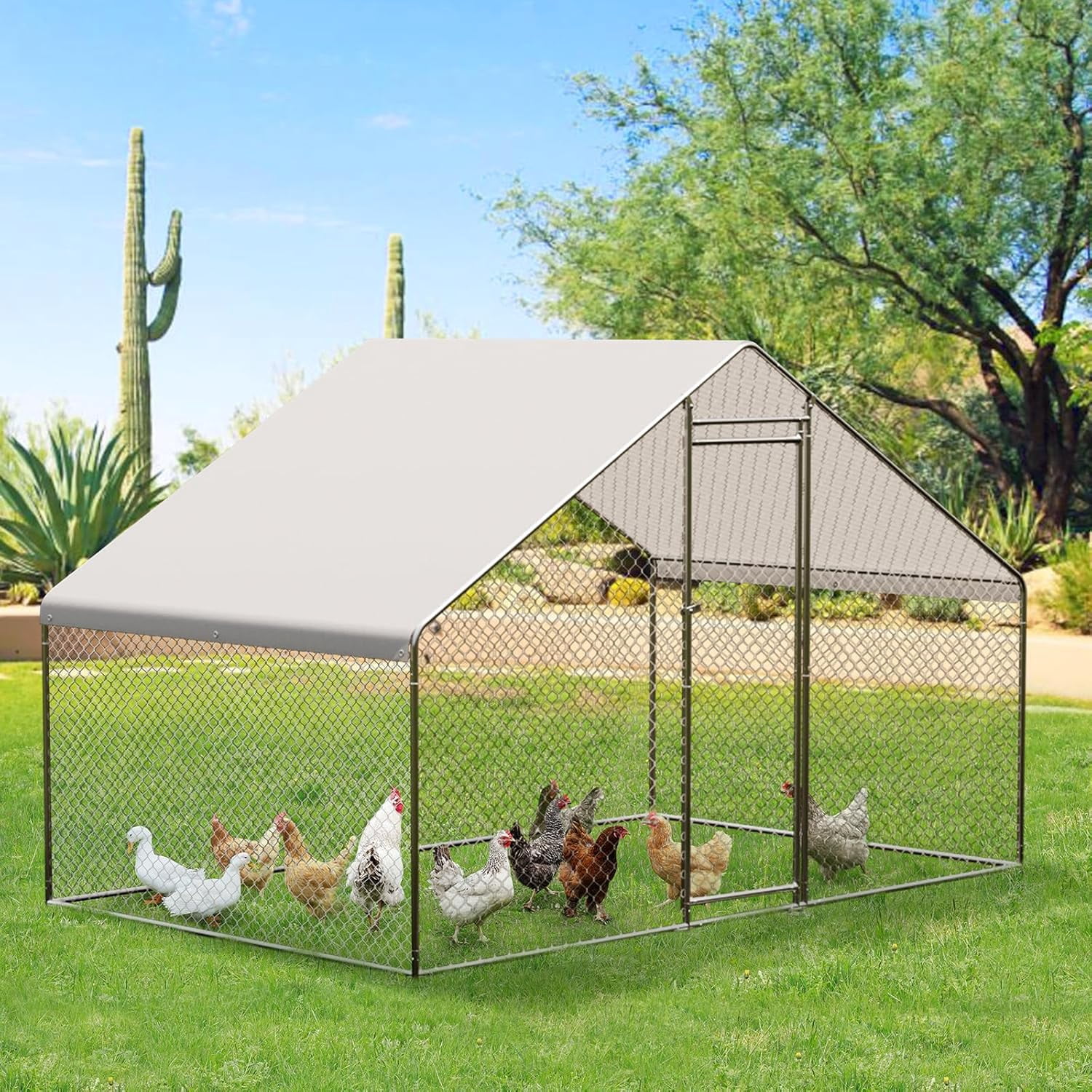 Historyli 9.8x6.5x6.5FT Chicken Coop,Large Walk-in Metal Chicken Coop for 10 Chickens with Heavy Duty Reinforced Wire Mesh Run,All-Weather Waterproof & Anti-UV Cover,Silver