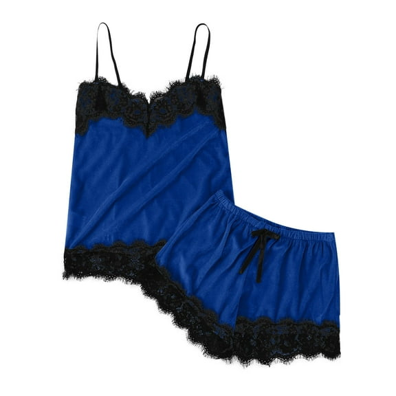 Ujnder Women's Elegant Silk Pajamas Set Satin Camisole Sleepwear V Neck Top and Shorts Dark Blue M