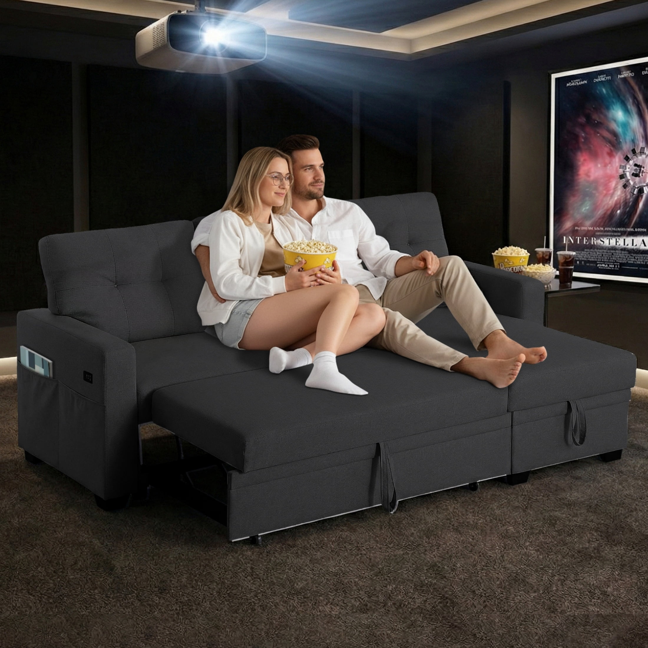 ShiKeyi 82" L Shaped Sleeper Sofa Bed, Sectional Sleeper Couch with Pull Out Bed, 3 Seat Convertible Sofa Bed with Storage Chaise, USB Charging Ports for Living Room, Dark Grey Linen Fabric