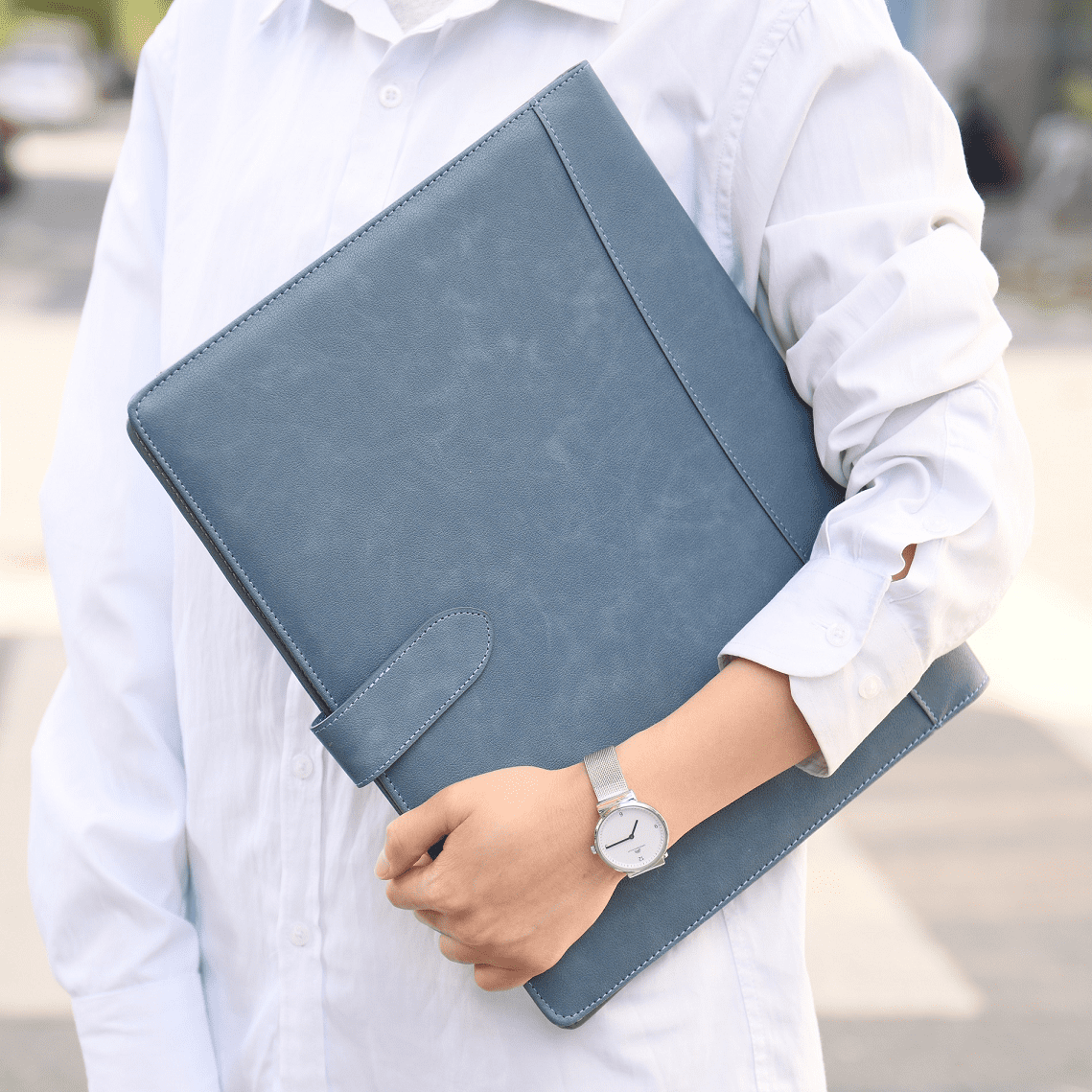 Wason Portfolio Padfolio A4 Leather Holder File Document Case with Writing Pad and Removable Clipboard for Organizer Office School Travel (Blue)