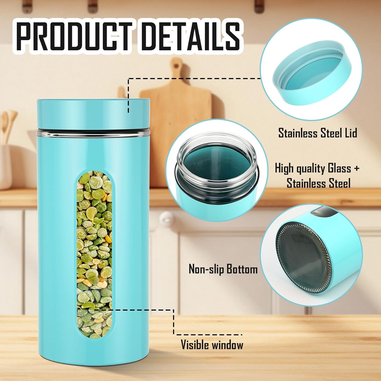6 Pack Kitchen Canisters Set Airtight Stainless Steel Canister Food Storage Container with Window Glass, Coffee Sugar Candy Jars Tea Organizer for Flour Cookies Spice(Turquoise,44 oz)