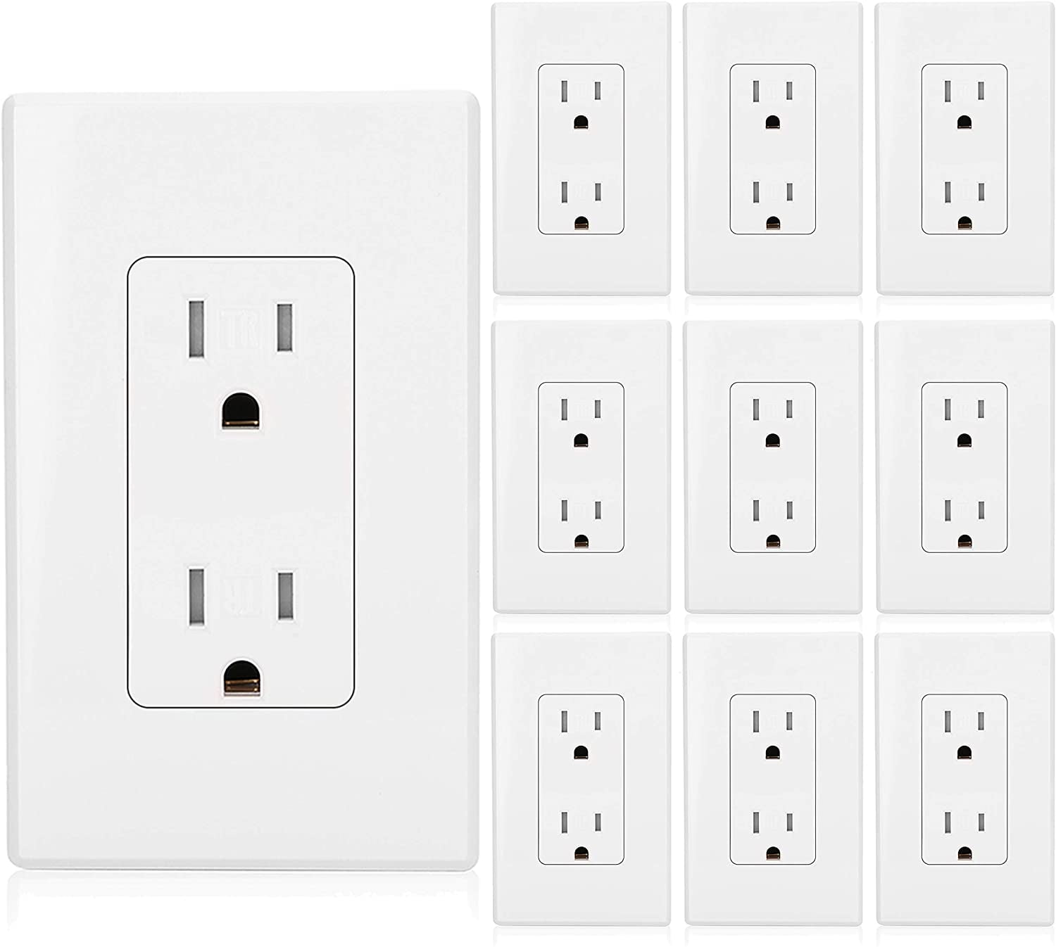 [10 Pack] BESTTEN 15Amp Decorator Receptacle Outlet with Screwless Wall