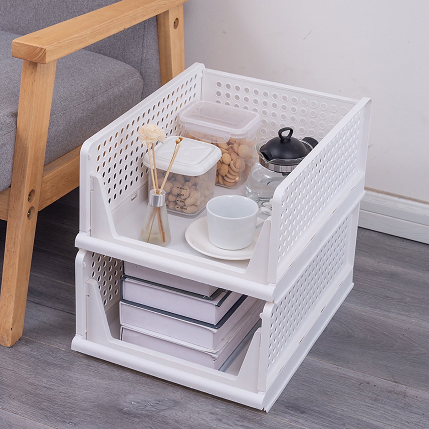 TINANA Stackable Plastic Storage Basket 4 Pack, Drawer Shelf Storage Container, Foldable Closet Organizers and Storage Bins for Wardrobe Cupboard Kitchen Bathroom Office-White
