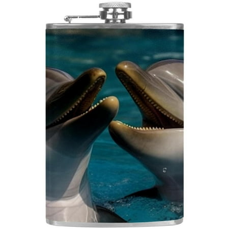 

josid Dolphins Pattern 3.6x6in Stainless Steel Small Flask Leak-Proof Stainless Steel Construction Wrapped in Premium Two-Layer Leather Nano-Printed Design 227ml Capacity