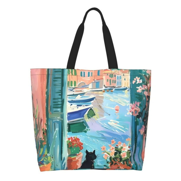 Easygdp Coastal Cat By The Window Bolsas Tote para Mujer, Bolsos de Hombro para Viaje, Bolsos de Mano de Gran Capacidad para Compras y Trabajo