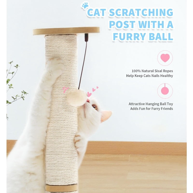 Made4Pets 32" Tall Cat Scratching Post with Sisal Scratcher, 2-Tier Ball Track & Hanging Toys, Multi-Level Cat Activity Center with Sturdy Wooden Base for Indoor Cats & Kittens