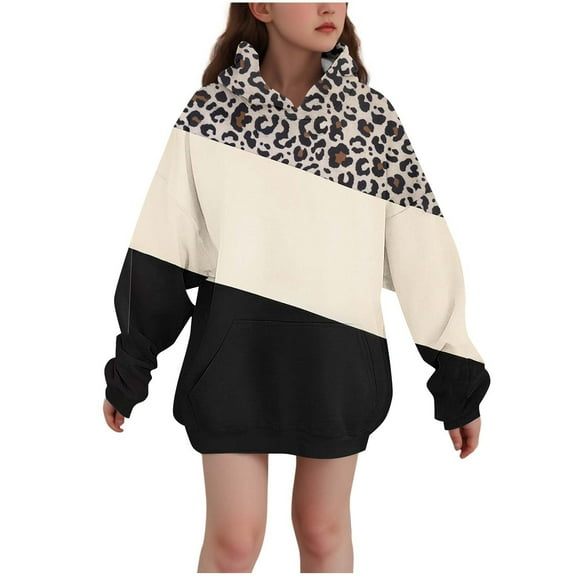 AJTQTH Kids Girls Color Block Hoodie Tops Lightweight Casual Fall Long Sleeve Hooded Pullover Sweatshirts Fashion Fleece Lined Warm Outfit Clothes with Pockets Beige 13-14 Years