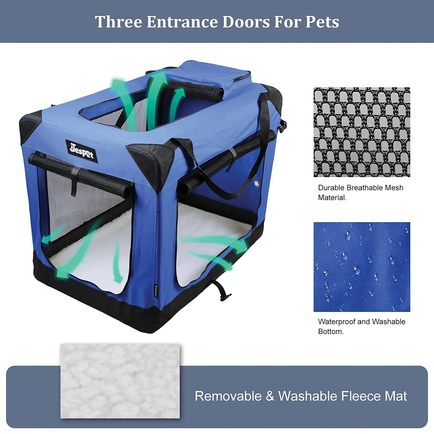Jespet 3-Door Soft-Sided Folding Travel Pet Crate (Large; Royal Blue), PSC-36BL