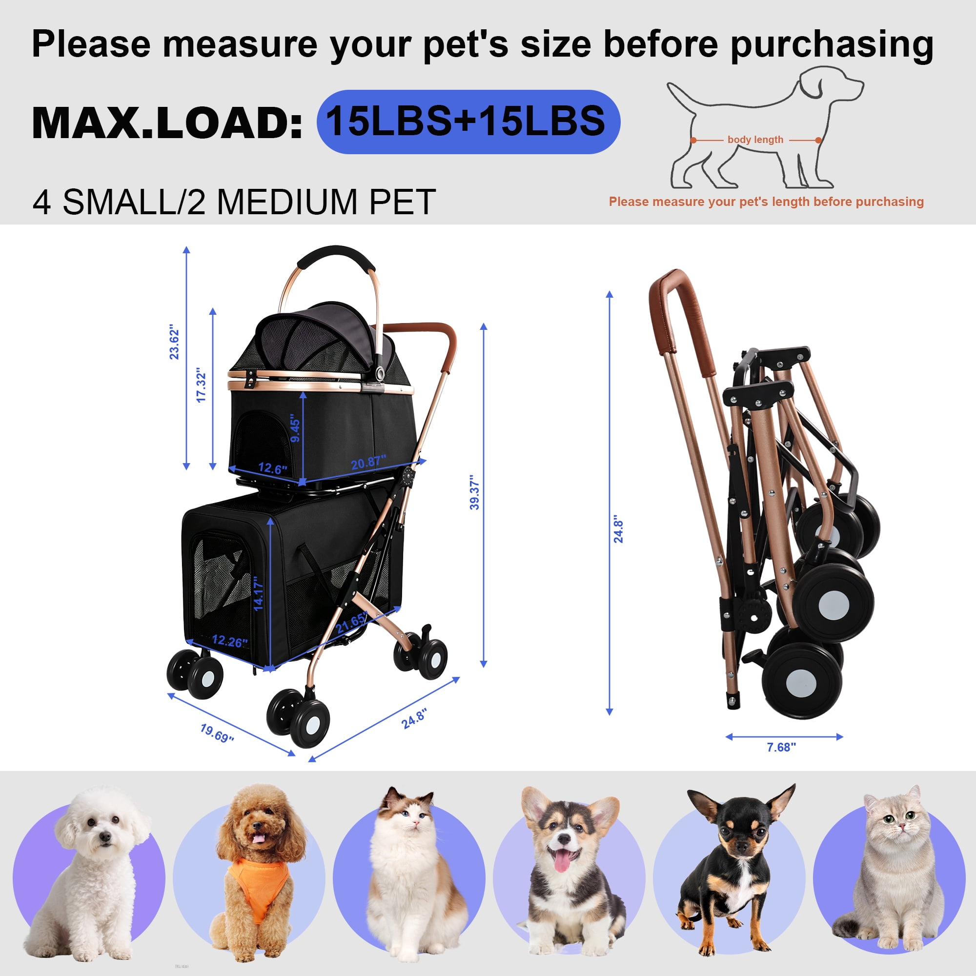 Double-Carrier Pet Stroller for Small/Medium Dogs and Cats, Foldable Convertible Pet Carrier with Caster & Brake System