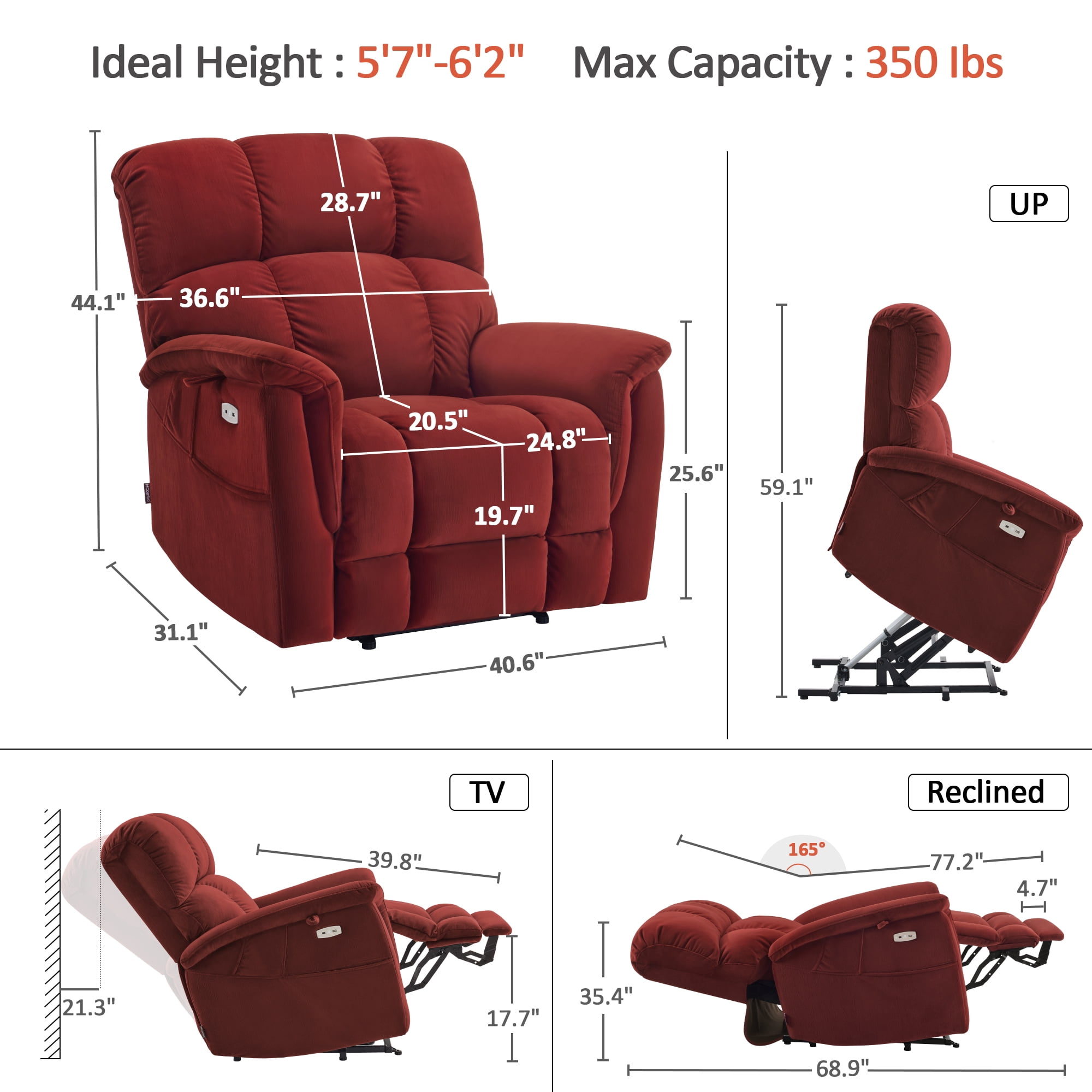 MCombo Oversized 24.8" Seat Width Large Dual Motor Power Recliner Lift Chair for Tall Elderly, Infinite Position, Burgundy Fabric