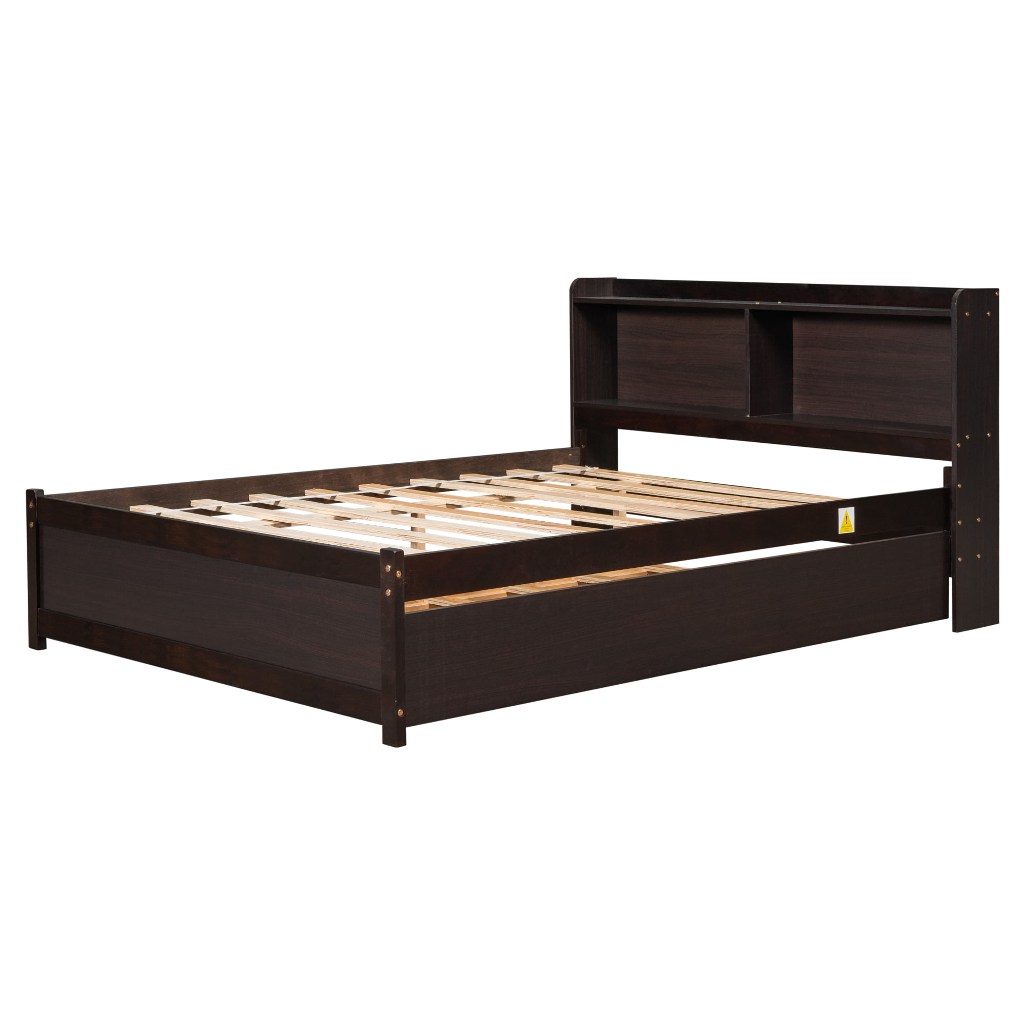 Leumius Full Size Bed with Trundle and Bookcase Headboard for Boys Girls Espresso