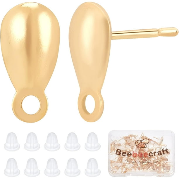 100 piezas/caja de accesorios para aretes chapados en oro de 18 quilates, con forma de lágrima, con bucle y 100 cierres de plástico.
