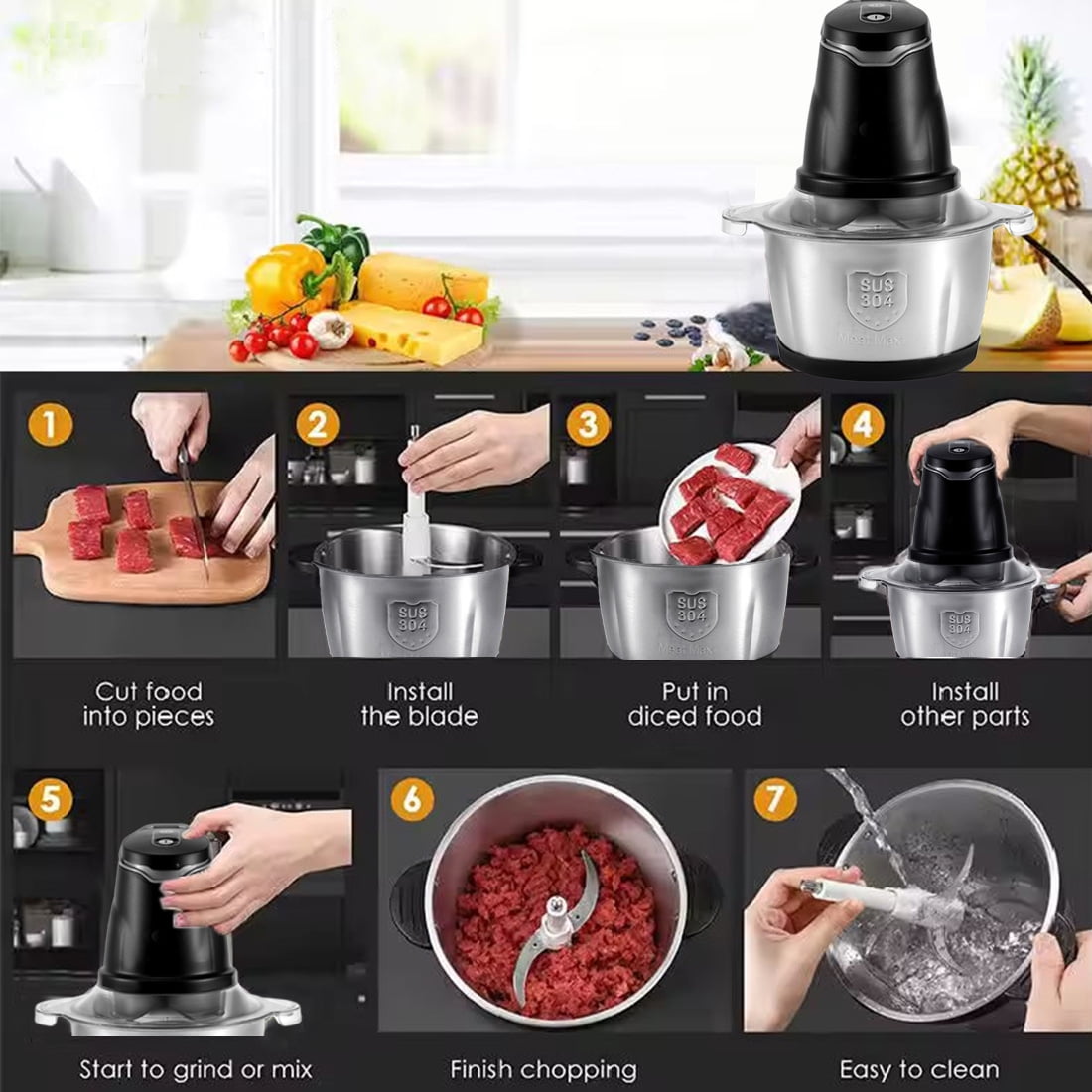 DEISNGB Meat Grinder Electric Food Chopper, 2 Speeds 8 Cup Food Processor New, Sausage Maker,Stainless Steel
