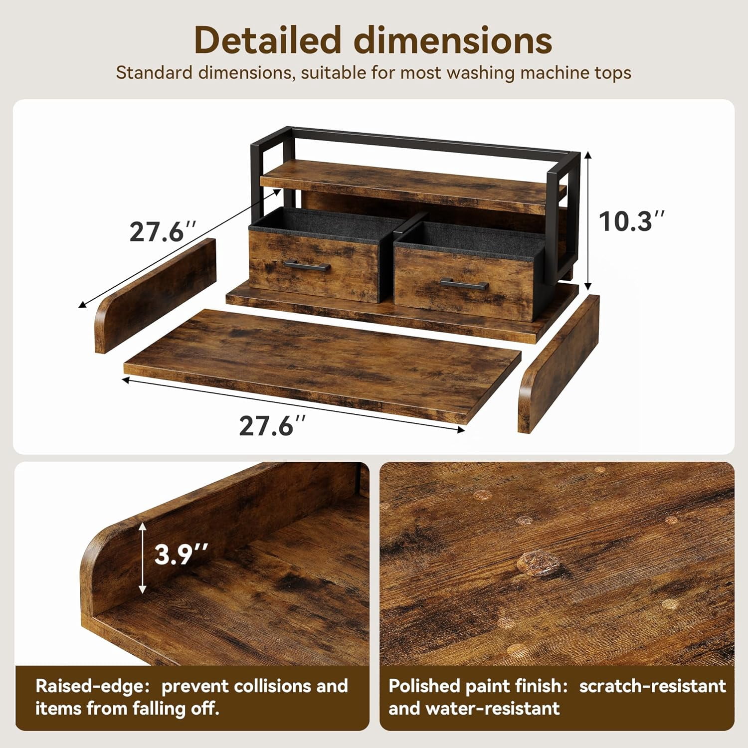 2-Tier Washer and Dryer Countertop with Shelf or Drawers, Laundry Countertop Cover with Non-Slip Pad, 54"X27.5" Laundry Topper for Folding Clothes Over Washer and Dryer, Retro